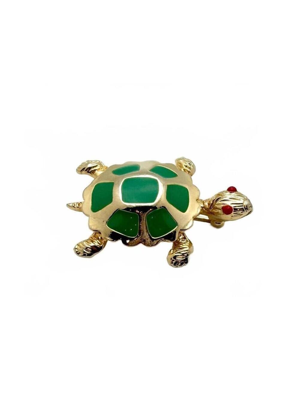 Vintage Gold Tone Enamel Turtle Brooch Green Shell Figural Animal Pin